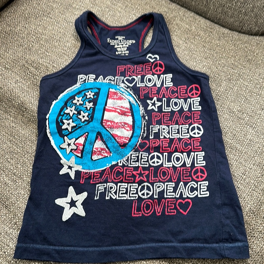Faded Glory Girls Patriotic Peace Love Flag Graphic Tank Top Size Small 6-6X